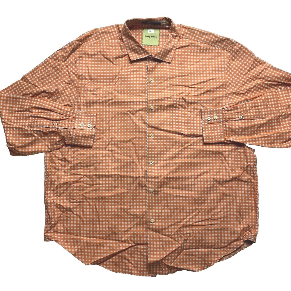Tommy Bahama Shirt Mens 2XL Orange Long Sleeve Cotton Check Button Up